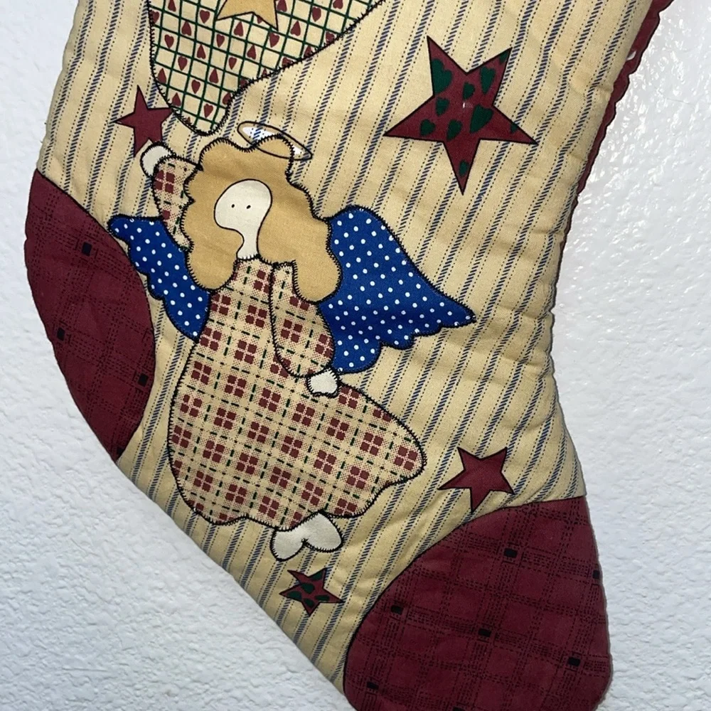 Festive Burgundy and Tan Angels and Stars Holiday Christmas Farmhouse Stocking